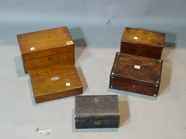 Six 19th century and later boxes, including a mahogany tea caddy, a rosewood jewellery box, a leather jewellery box and three other boxes, (6).  S2B