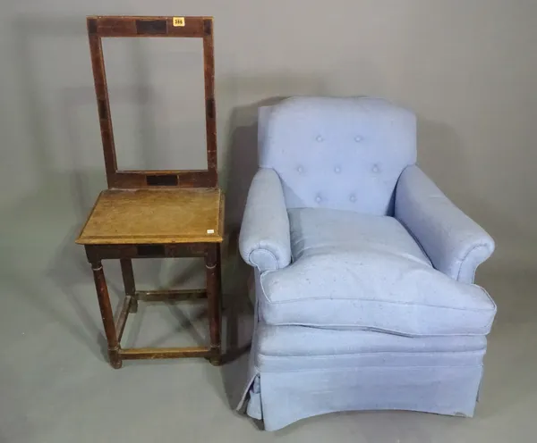 A 20th century blue upholstered rocking armchair and an oak side chair, (2).   H6