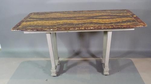 A 20th century rectangular centre table with faux wooden resin top on grey painted base, 143cm wide x 77cm high.    G8