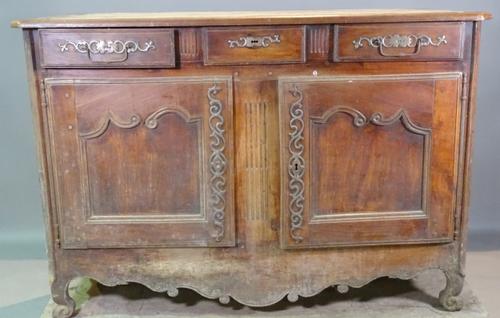 A 19th century French walnut side cabinet with three drawers over cupboard base, 144cm wide x 100cm high.   BAY 3