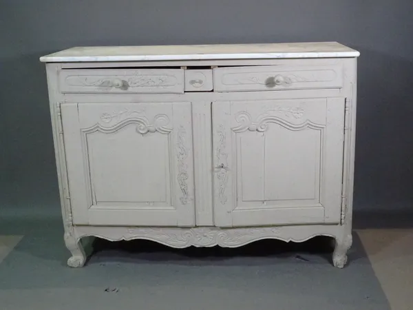 A 19th century French grey painted side cabinet with white marble top, 130cm wide x 97cm high.  BAY 3