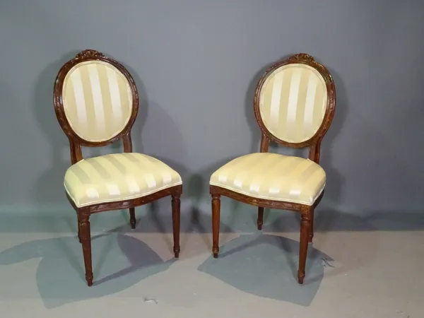 A set of six Louis XVI style beech upholstered dining chairs, (6).  F3