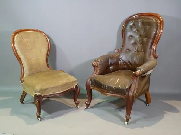 A Victorian mahogany framed gentleman's spoonback armchair on scroll supports with leather upholstery and a similar lady's chair (2).    D8
