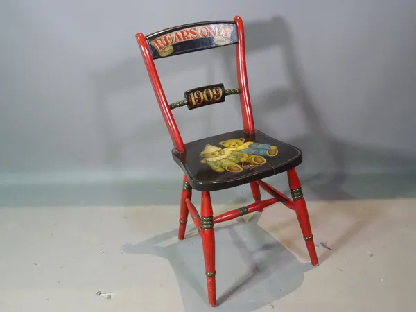 An early 20th century 'Bears Only' painted bar back scullery chair.   G9