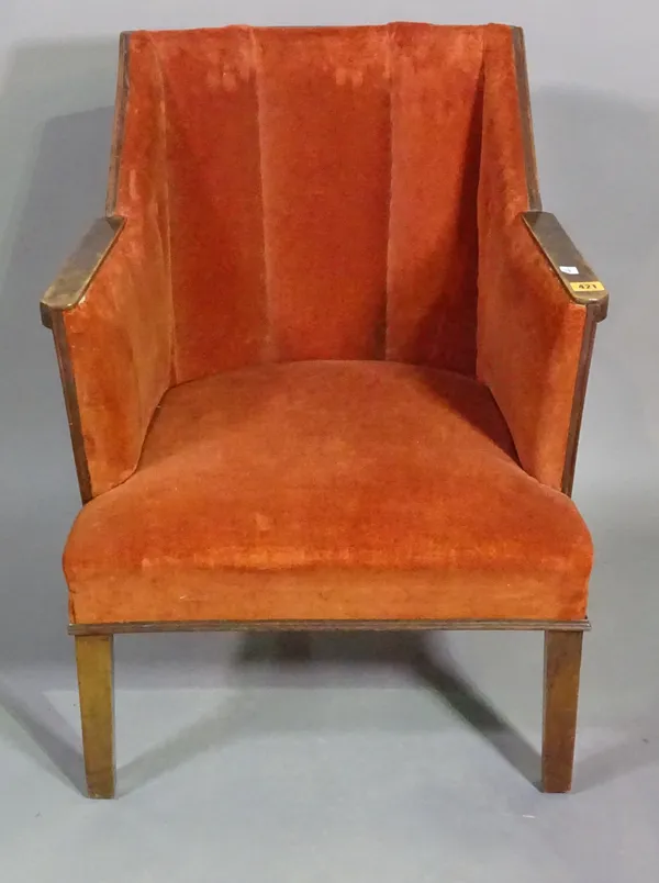 An early 20th century Art Deco burr walnut child's armchair with red upholstery.   H6