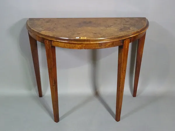 A George III walnut bowfront side table on tapering square supports, 90cm wide x 71cm high.   D3