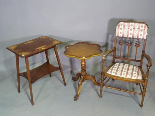 An early 20th century Art Nouveau mahogany marquetry inlaid two tier occasional table, 56cm wide x 69cm high, a George II style mahogany pie crust tri