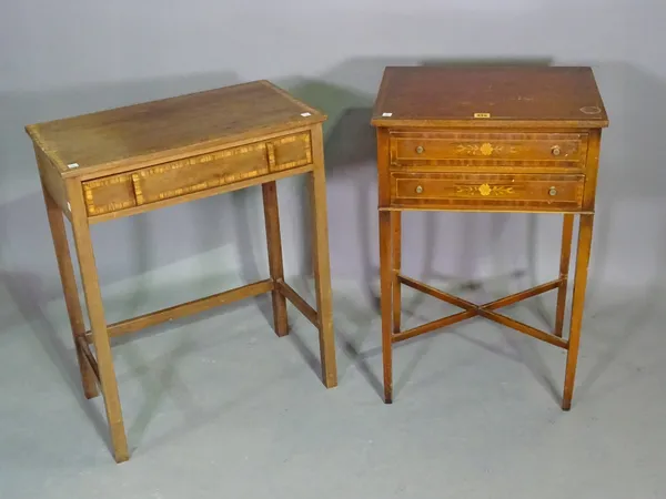An Edwardian mahogany and marquetry inlaid two drawer side table, 48cm wide x 75cm high, and a mahogany and satinwood banded single drawer side table,