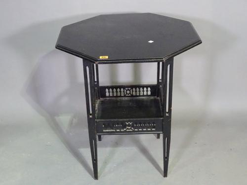 A late Victorian octagonal ebonised occasional table, 64cm wide.   BAY 1