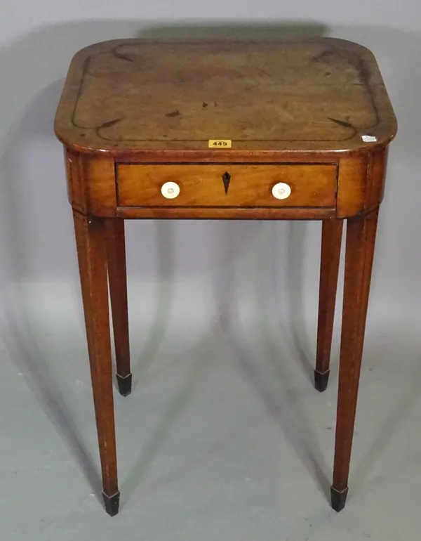 A George IV mahogany and ebony strung side table on tapering square supports, 49cm wide.  J9