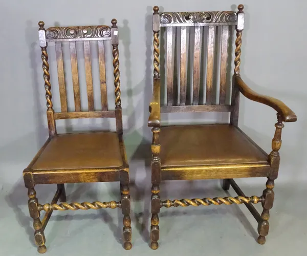 A set of six 17th century style oak stick back chairs on barley-twist supports.   BAY 1
