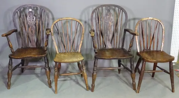 A pair of 20th century mixed wood Windsor chairs and a pair of matching side chairs, (4).   I5