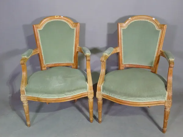 A pair of French beech armchairs and a single chair to match, (3).   I4