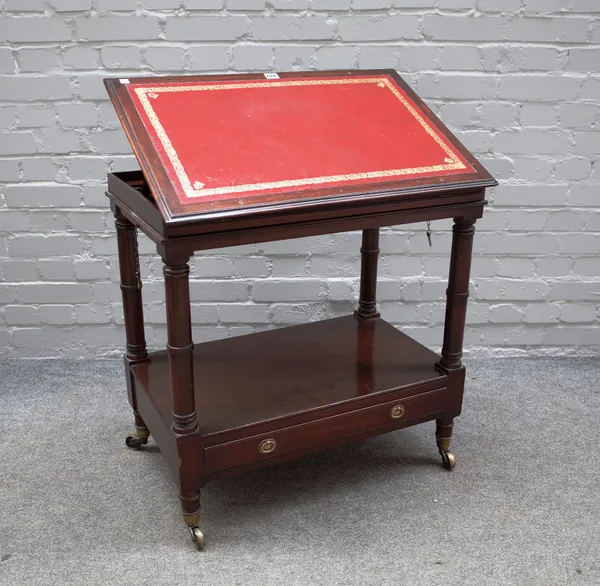 A 19th century and later mahogany reading table, with double angle adjustable rectangular top on turned supports, united by single drawer undertier, 7