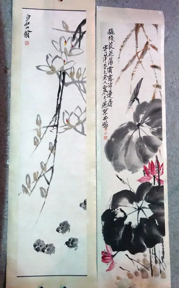 A Chinese scroll picture of chicks and birds and another depicting flowers, (2)   CAB