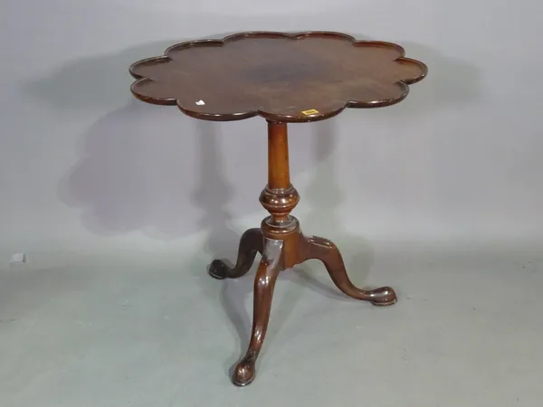 A mid-18th century style mahogany tripod supper table, with lobed circular top, 74cm diameter x 74cm high.  BAY 2