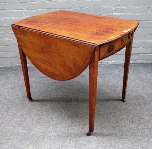 A George III mahogany Pembroke table with bow end drawer on tapering square supports, 56cm wide x 119cm across open x 71cm high x 83cm deep.   BAY 1