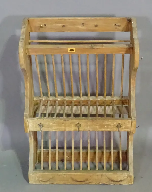 An early 20th century pine two tier hanging plate rack, 50cm wide x 77cm high.  H5