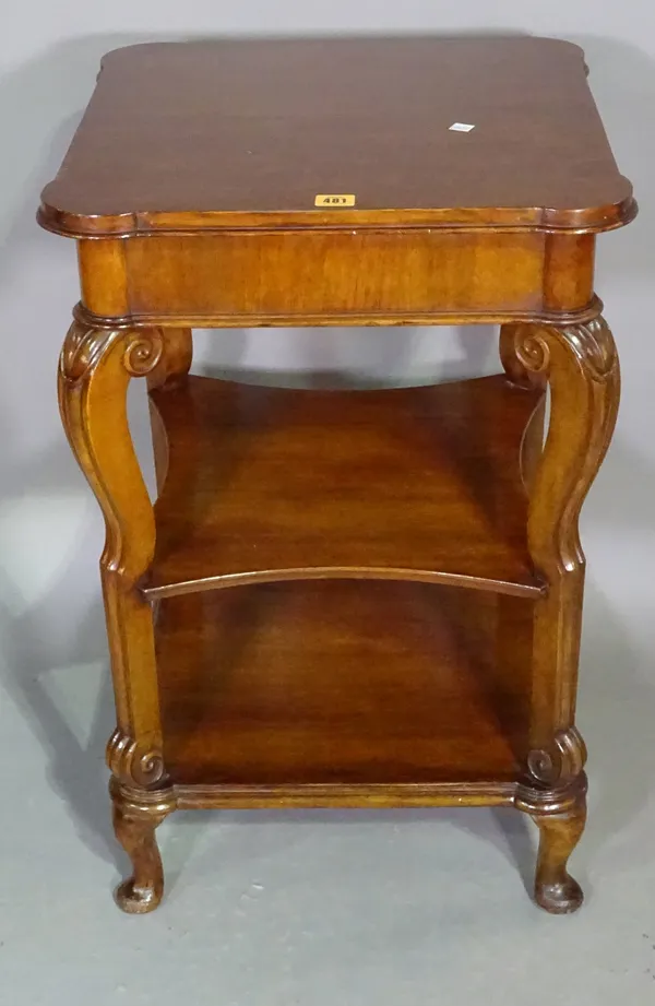 A 19th century mahogany three tier occasional table on tapering supports, 50cm wide x 77cm high.   BAY 2