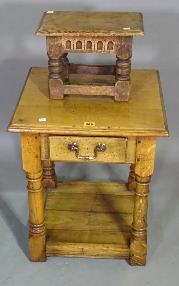 A 20th century oak single drawer bedside table on block supports, 36cm wide x 54cm high and an 18th century style oak miniature joint stool, 32cm wide