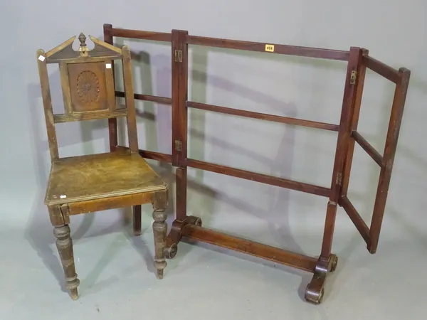 A Victorian mahogany folding towel rail, 70cm wide x 96cm high, and a Victorian oak hall chair, (a.f), (2).    G3