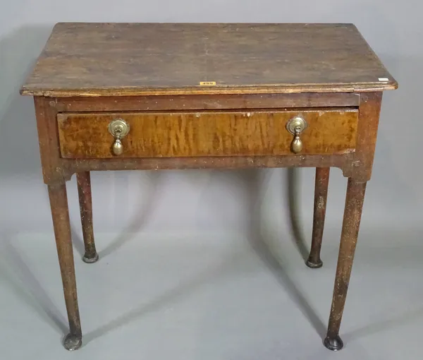 An 18th century walnut single drawer lowboy on tapering supports, 76cm wide x 70cm high.    A3
