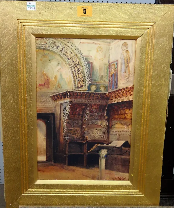 E. J. Wayley (19th century), Church interior, watercolour, signed, 33.5cm x 21cm.  M1