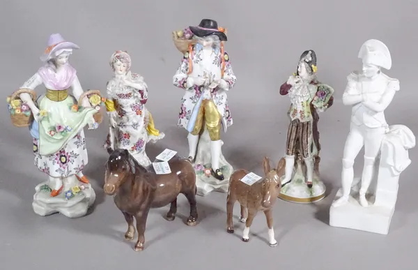 A group of five 20th century Continental porcelain figures and two Beswick figures of a horse and donkey, the largest 22cm high, (7).   CAB