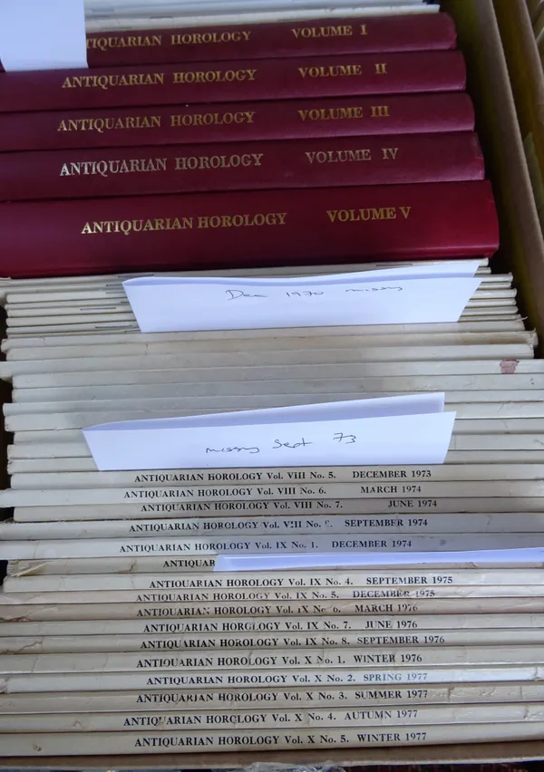 Antiquarian Horological Journal; Vols I-V, (reprints) red cloth bound; and a nearly complete run, Vols. VI-XXXIX (June 2018) - lacking Dec 1970, Sept