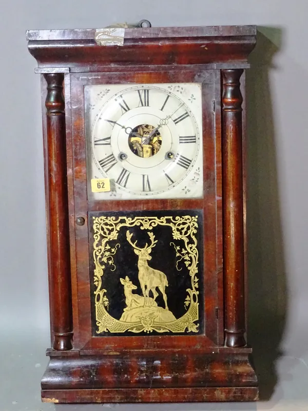 A 19th century mahogany cased eight-day American wall clock, 75cm tall.  CAB