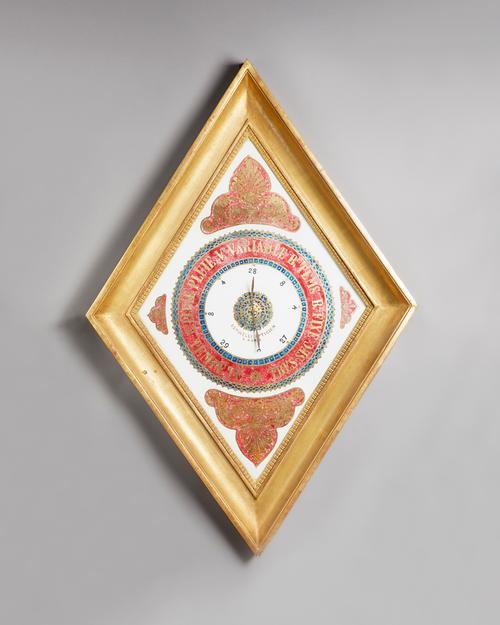 An Empire giltwood lozenge-shaped barometerThe verre églomisé dial inscribed OSTINELLI OPTICIEN A PARIS, with central pressure dial and anthemion-deco