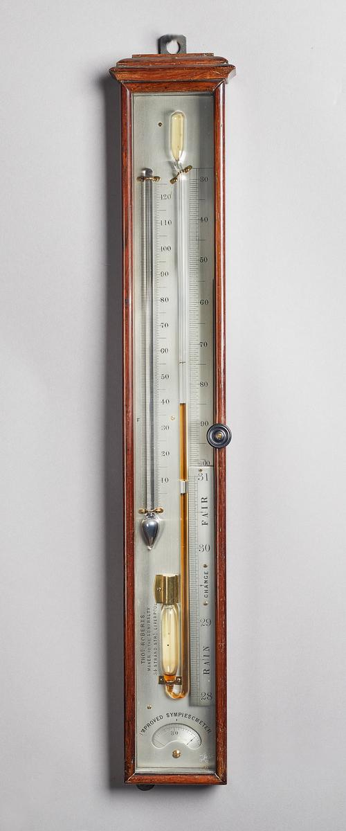 A Victorian rosewood sympiesometerBy Thomas Roberts, Liverpool, circa 1865The rectangular glazed case with a silvered scale, signed THOS. ROBERTS MAKE