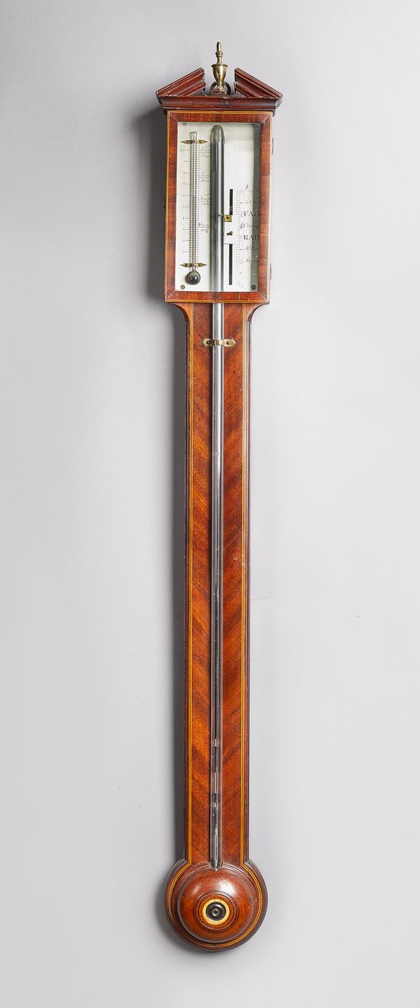 A George III mahogany and boxwood outlined stick barometerUnsigned, circa 1800With an architectural pediment, glazed silvered scale with thermometer,