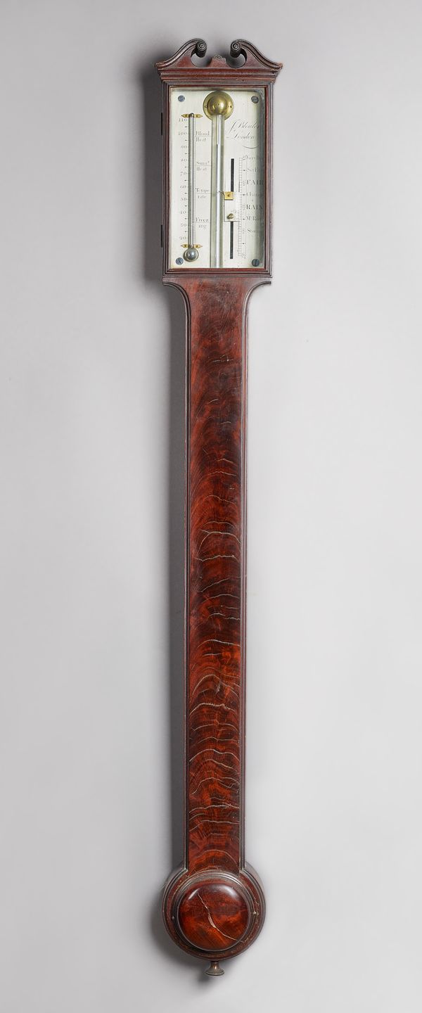A George III mahogany stick barometerBy J. Bleuler, London, circa 1790With a swan neck pediment above a silvered glazed scale, signed, with thermomete