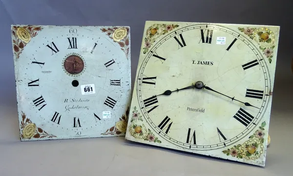 A 30-hour longcase clock movement Signed T. James, PetersfieldWith 11in. square white-painted dial and another 10in. white-painted dial signed R. Sted