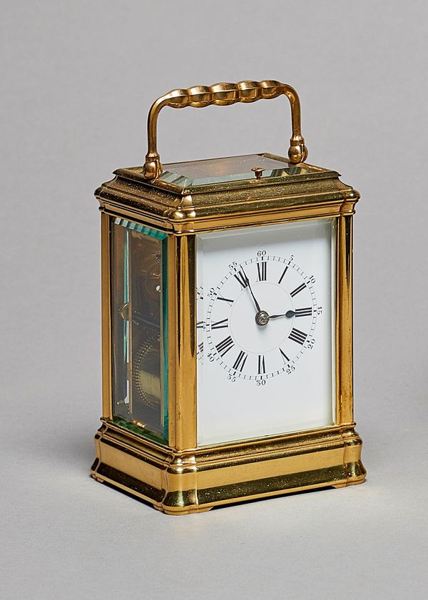 A French brass gorge cased carriage clockBy Henry Jacot, Paris, No. 17615, circa 1890With glazed bevelled sides, white enamel dial, blued steel hands,