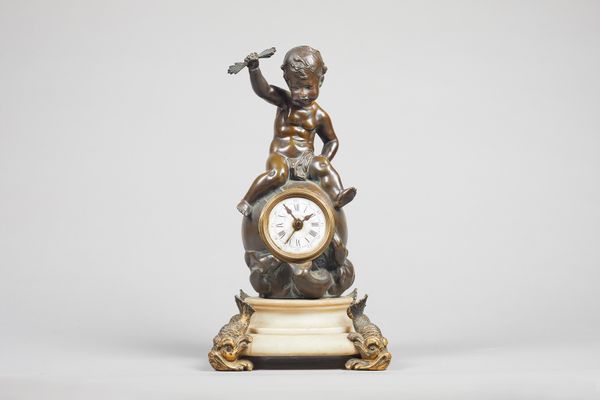 A French bronze, gilt bronze and marble mantel clockThe bronze inscribed H. Copy, circa 1890Modelled with a cherub on a sphere, on a turned marble soc