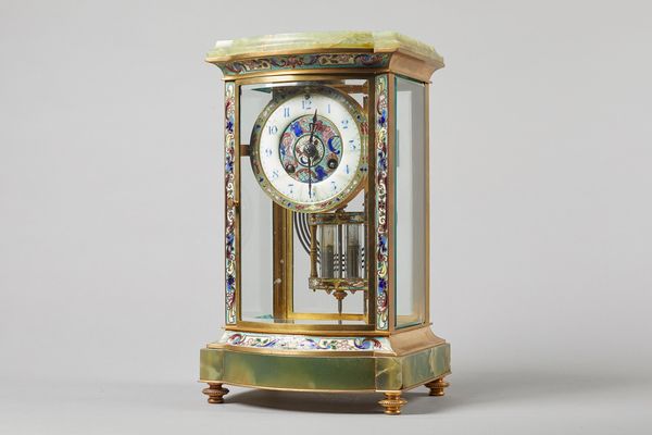 A French onyx and cloisonné enamel four glass mantel clockCirca 1900The bow-fronted case with bevelled glazed front, back and sides, the 4in. circular