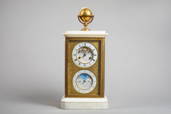 A French four glass ormolu and marble mantel regulator with perpetual calendarRetailed by Charles Frodsham, circa 1865The case surmounted by a globe o