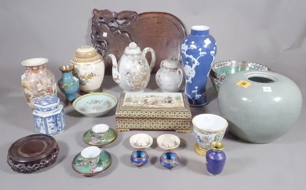 Asian ceramics, a large group of bowls, plates and vases including; Noritake tea set, cloisonne vases, a blue and white vase and sundry.  S1M