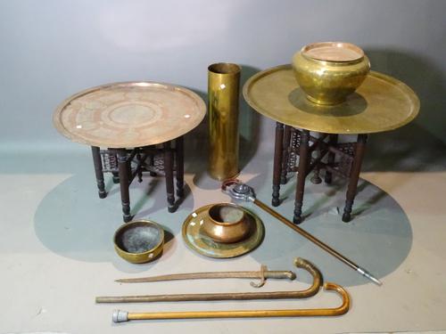 Metalware collectables including; two folding brass tray top tables and sundry Eastern jardineres and plates.    S2B
