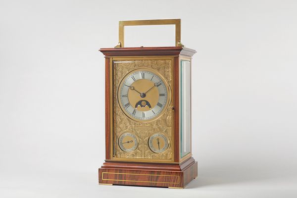 A brass-mounted, rosewood and brass line-inlaid giant chronometer carriage clockBy Sinclair Harding, Cheltenham, No. 613/44, circa 1988The rectangular