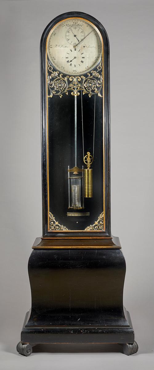 A Victorian ebonised and parcel gilt regulatorCirca 1879, Inscribed P. N. Denton, WellingtonThe case with an arched pediment, fitted with an inspectio
