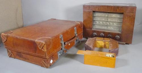 Collectables, an early 20th century HMV valve radio, a Union Jack flag, a brown leather case and sundry.    S2B