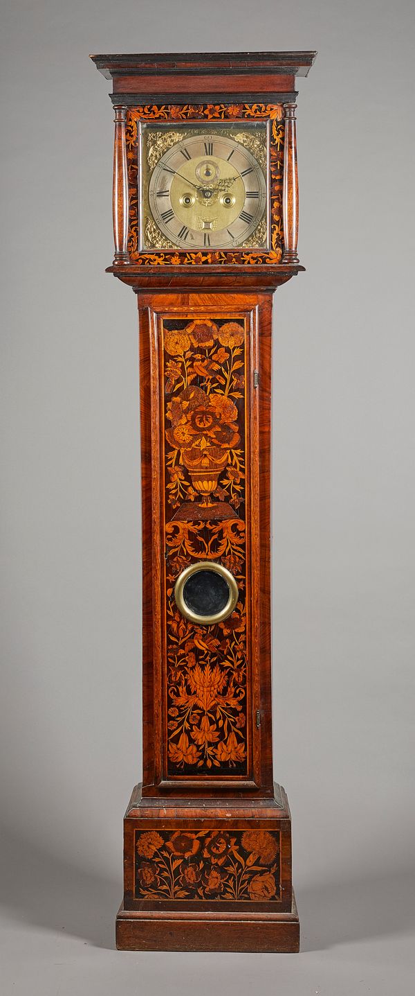 A walnut and marquetry longcase clockThe dial plate signed Thomas Johnson, Londini FecitThe pediment with a moulded cornice above the glazed dial aper