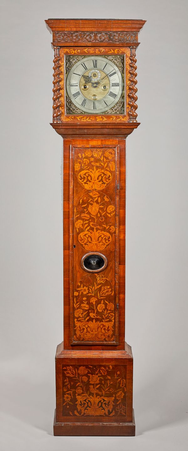 A walnut and marquetry month-duration longcase clockThe dial inscribed J. Windmills, LondonThe pediment with a moulded cornice above a blind fret, wit