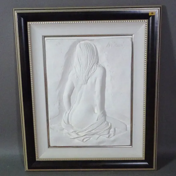 A 20th century plaster relief panel by Bill Mack depicting a scantily clad female, 76cm x 95cm.   A10