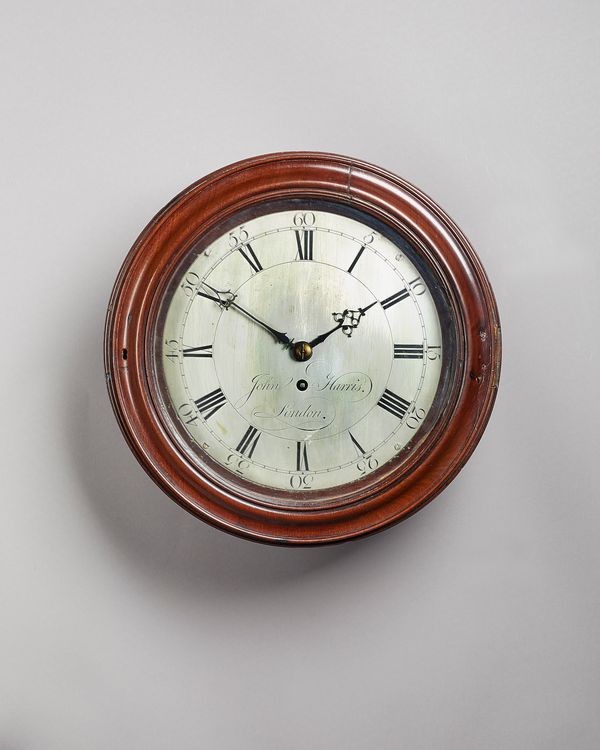 A late George II / early George III mahogany dial timepieceBy John Harris, LondonThe case with a moulded glazed mahogany bezel, with 9in. silvered cir
