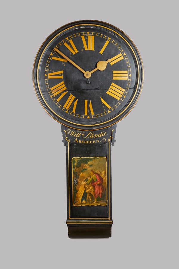 A George III Tavern TimepieceBy William Lundie, Aberdeen, circa 1800The circular dial with Roman chapters, above the trunk signed Willm. Lundie Aberde