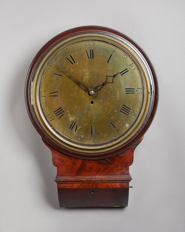 A late George III mahogany drop-dial timepieceBy Jullion, BrentfordThe 12in. signed brass dial with pierced steel hands, the fusée movement with ancho